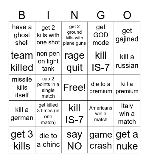 War Thunder Bingo Card