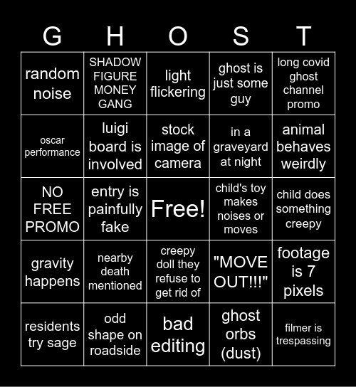 GHOST Bingo Card