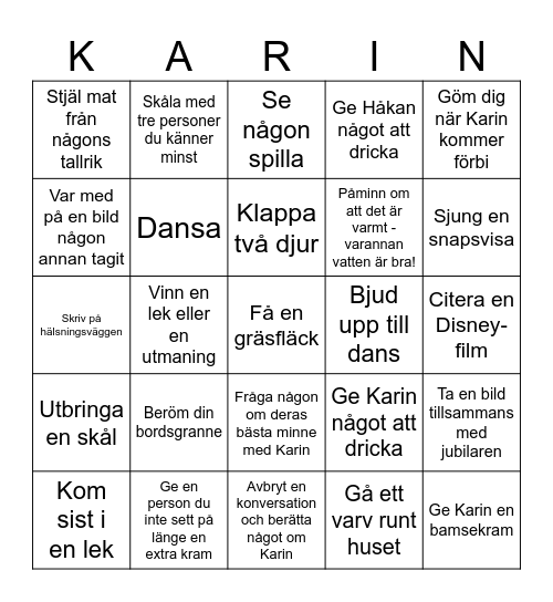 Karin 60 år Bingo Card