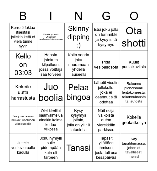 Piristystä loman viettoon Bingo Card