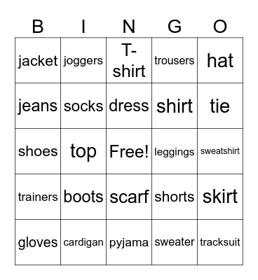 Clothes Bingo Card