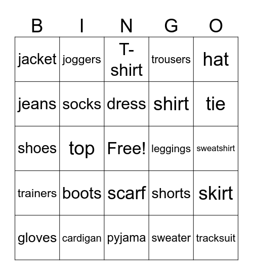 Clothes Bingo Card