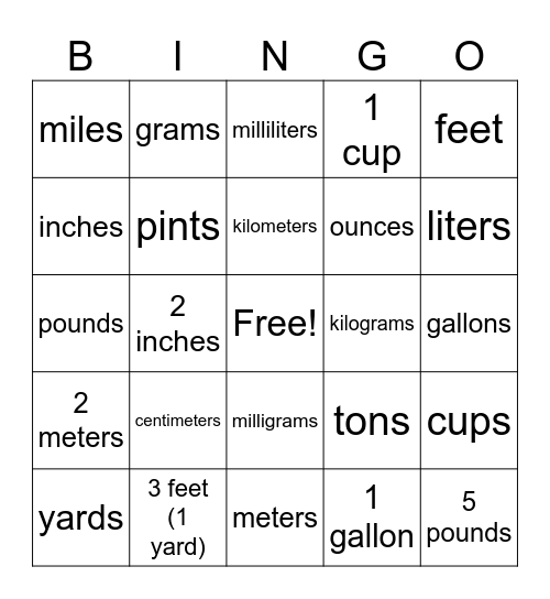 Scavenger Hunt with Measurements! Bingo Card
