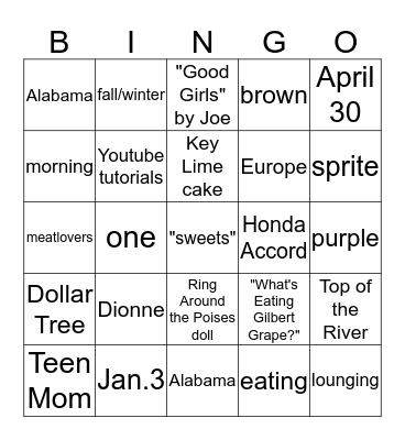 Taurian's Baby Shower Bingo Card