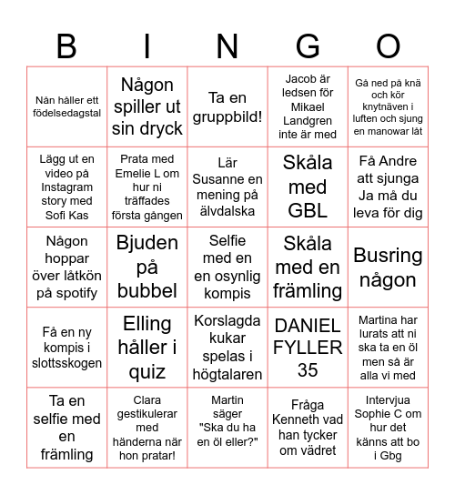 DANIELS BINGO Card