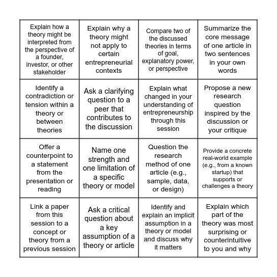 Discussion Seminar Bingo Card