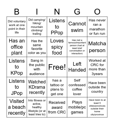 CRC Bingo Card