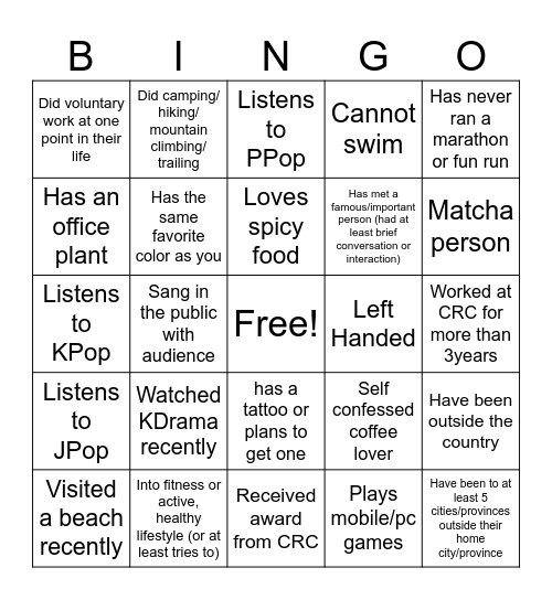 CRC Bingo Card
