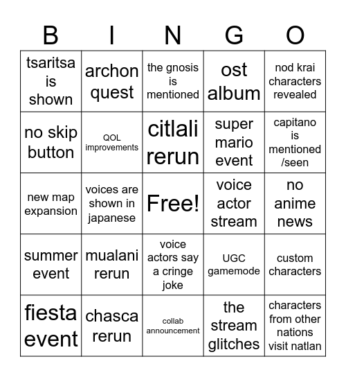 5.8 livestream Bingo Card