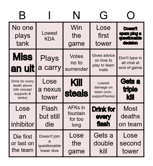 Ai's Drinking Game Bingo Card