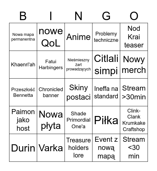 Genshin 5.8 Bingo Card