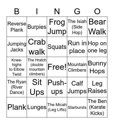 Bingo Fitness Fun Bingo Card
