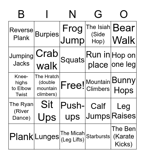 Bingo Fitness Fun Bingo Card