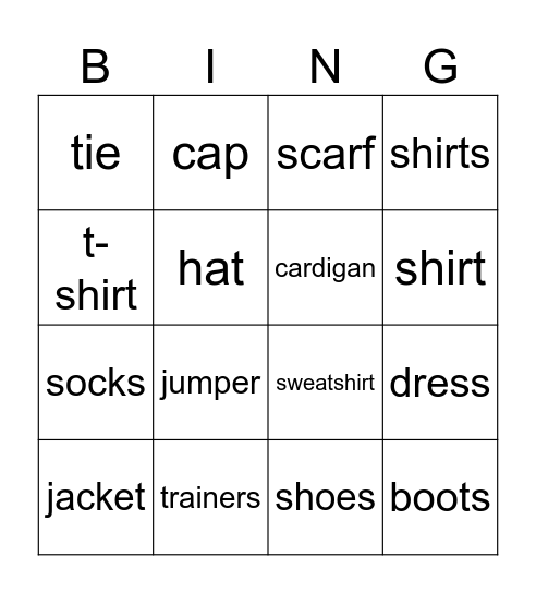Clothes Bingo Card