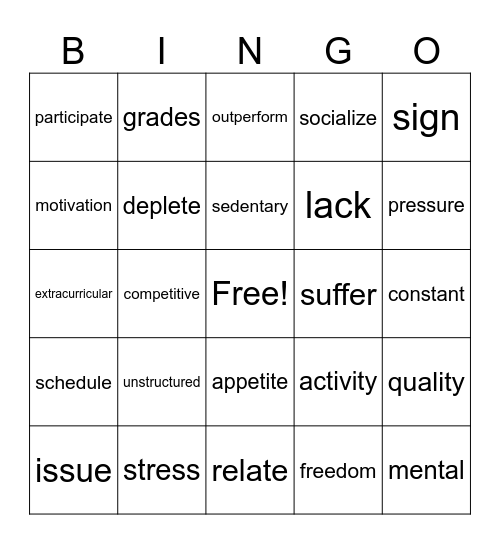 Leisure Bingo Card