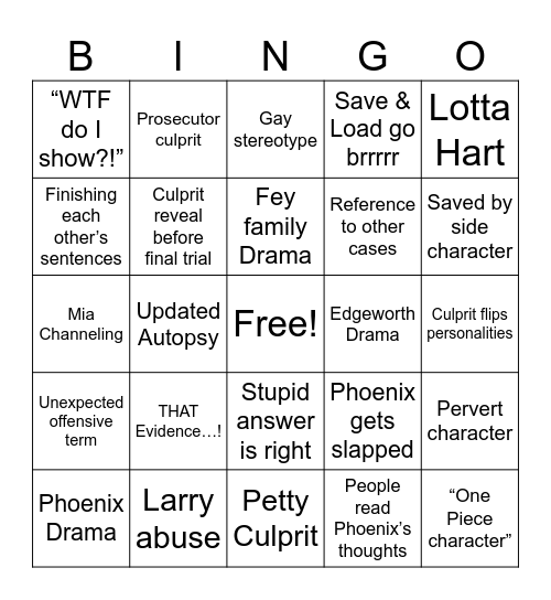 Ace Attorney Case Bingo Card