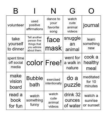 Self Care Bingo Card