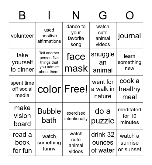 Self Care Bingo Card