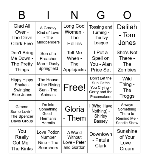 British Invasion Bingo Card
