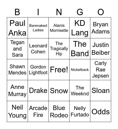 Music Bingo - Elbow’s Up Bingo Card