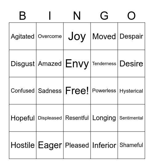 Wheel of Emotions Bingo Card