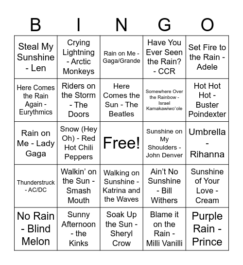 MUSIC BINGO - Weather Bingo Card