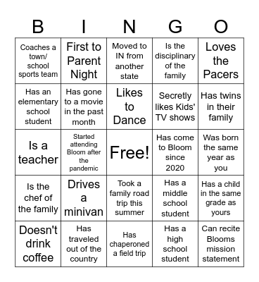 PARENT NIGHT ICEBREAKER BINGO Card