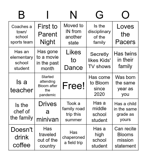 PARENT NIGHT ICEBREAKER BINGO Card