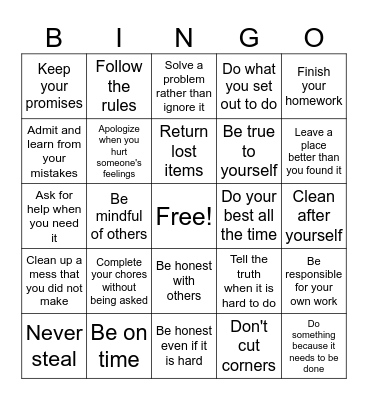 Honesty and Integrity Bingo Card