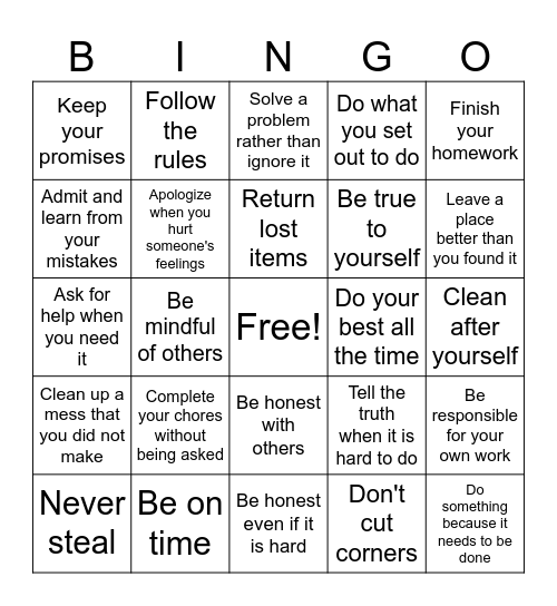 Honesty and Integrity Bingo Card