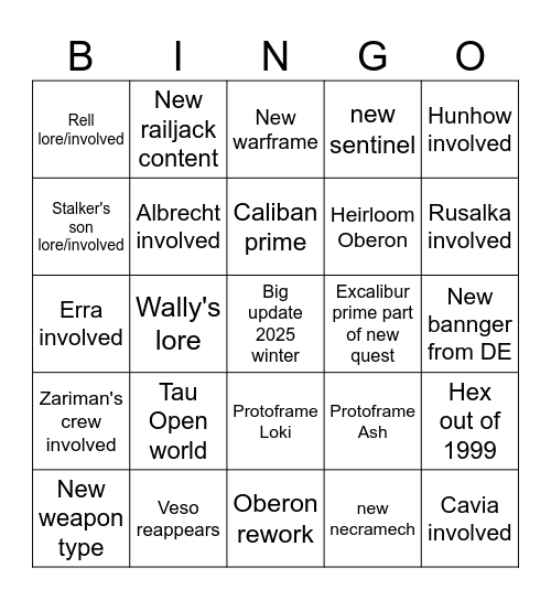 Tennocon 2025 Bingo Card