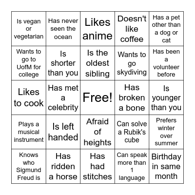 Getting to Know You Bingo Card