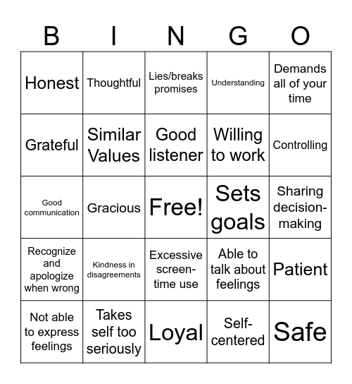Healthy Relationships HC Bingo Card