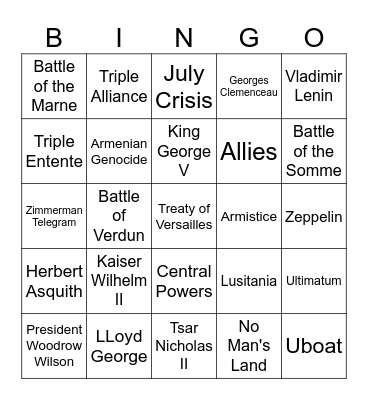 The Great War 1914  1918 Bingo Card