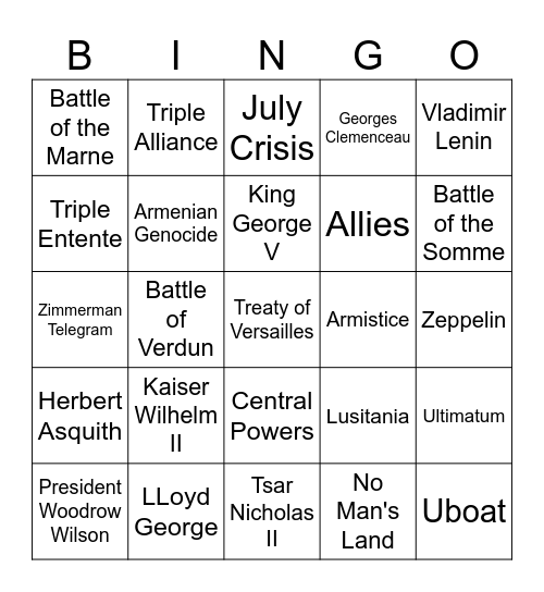 The Great War 1914  1918 Bingo Card