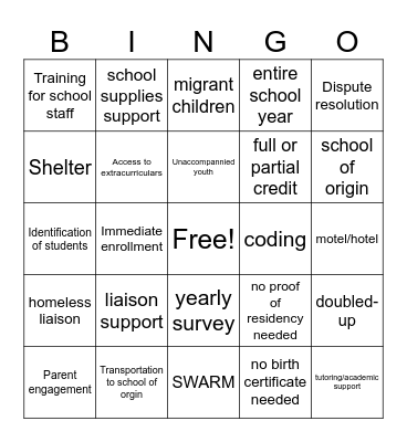 McKinney-Vento Bingo Card Bingo Card