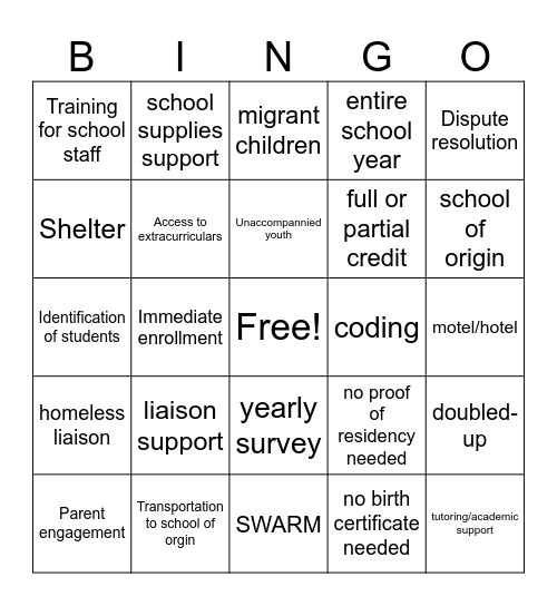 McKinney-Vento Bingo Card Bingo Card