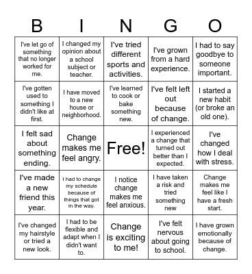 Change and Transitions Bingo Card