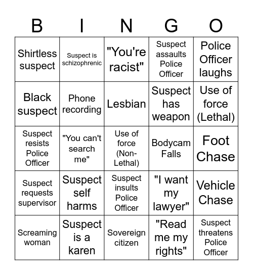 Bodycam Bingo Card