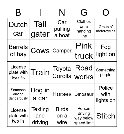 Road Trip Bingo Card