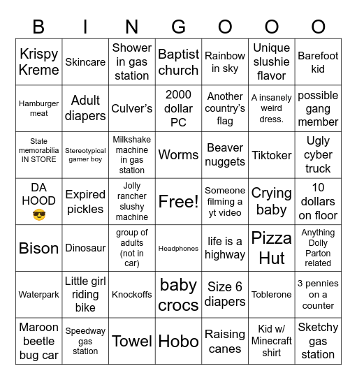 Road trip Bingo Card