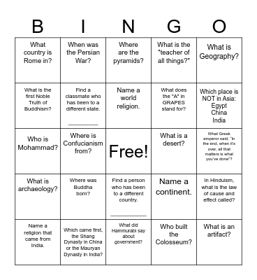 Ancient History Bingo Card