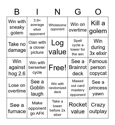 Clash Royale Bingo 1 vs 1 Bingo Card