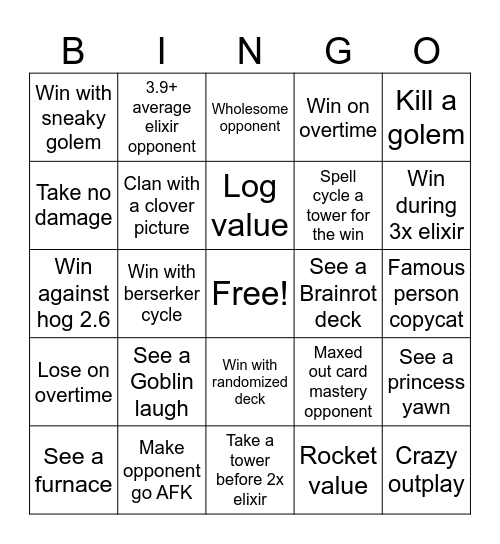 Clash Royale Bingo 1 vs 1 Bingo Card