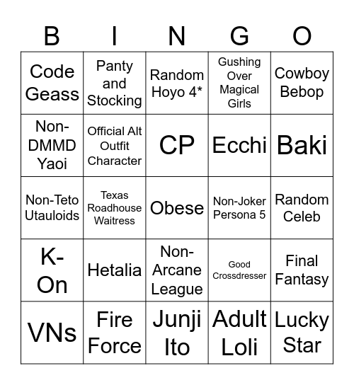 Hard Cosplay Bingo Card