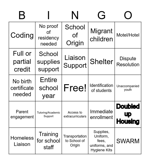 McKinney-Vento Program Bingo Card