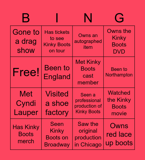 Kinky Boots Bingo Card