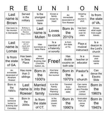 🏆 Rowser-Lomax Family Reunion BINGO Card
