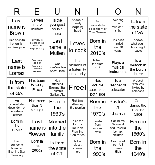 🏆 Rowser-Lomax Family Reunion BINGO Card