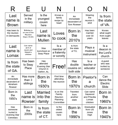🏆 Rowser-Lomax Family Reunion BINGO Card